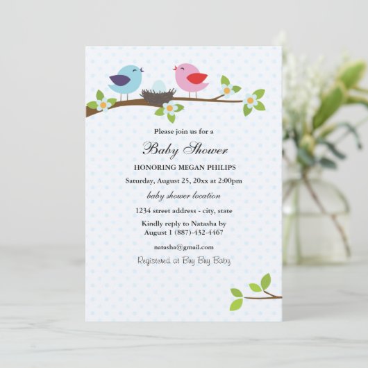 Bird Family Blue Baby Dusche Einladung (Stehend Vorderseite)