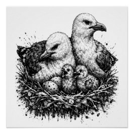 Bird Family Nest – Mythic Ink Illustration Poster