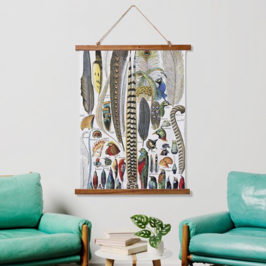Bird Feather Wildlife Antique Feathers Art Nouveau Wandteppich Mit Holzrahmen (Wohnzimmer)