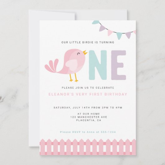 Bird First Birthday Girl Invite Little Birdie Einladung (Vorderseite)