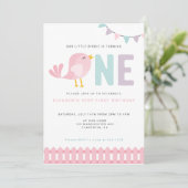 Bird First Birthday Girl Invite Little Birdie Einladung (Stehend Vorderseite)