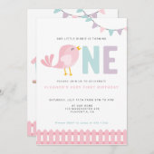 Bird First Birthday Girl Invite Little Birdie Einladung (Vorne/Hinten)