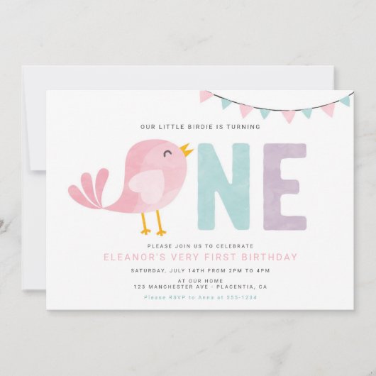 Bird First Birthday Girl Invite Little Birdie Einladung (Vorderseite)