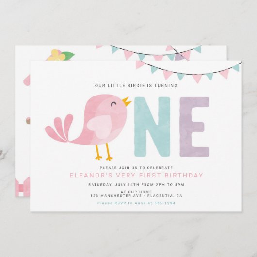 Bird First Birthday Girl Invite Little Birdie Einladung (Vorne/Hinten)