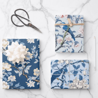 Bird Floral Chinoiserie Blue White Geschenkpapier Set
