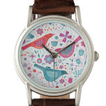 Bird Floral Water Armbanduhr<br><div class="desc">Moderne Aquarellvögel und Blume in aquamarin-grün, rot und magentafrosa. Originelle Kunst von Nic Squirrell.</div>