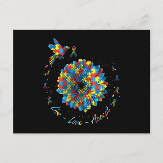 Bird Flower Ribbon Puzzle Live Love Accept Autism Postkarte (Vorderseite)