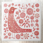 Bird Folk Art Fliese<br><div class="desc">Skandinavische Volkskunst Stil Rot-Weiß Vogel und Blume Design. Originelle Kunst von Nic Squirrell.</div>