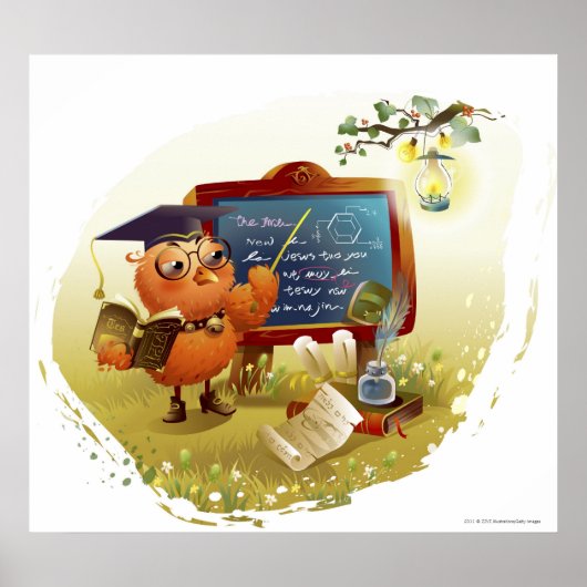 Bird holding a book and teaching at a blackboard poster (Vorne)