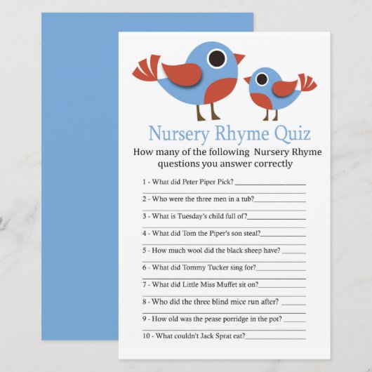 Bird Kinderzimmer Rhyme Quiz Babyduschenspiel (Vorne/Hinten)