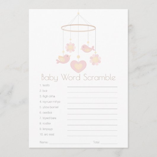 Bird Mobile Nesting Party Baby Word Scramble Hinweiskarte (Vorderseite)