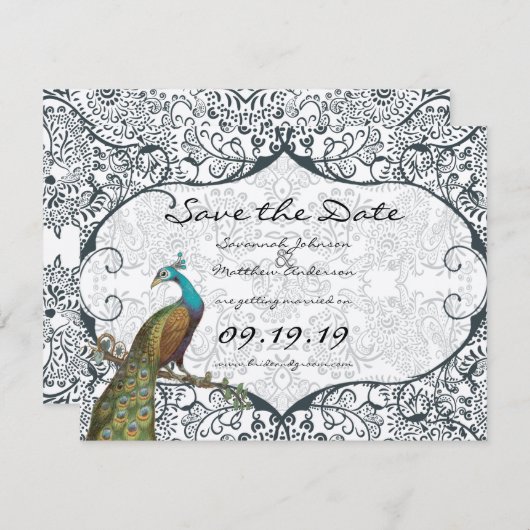 Bird Navy Whimsical Peacock Love Save the Date (Vorne/Hinten)