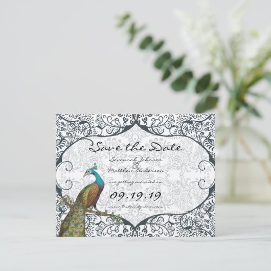 Bird Navy Whimsical Peacock Love Save the Date (Stehend Vorderseite)