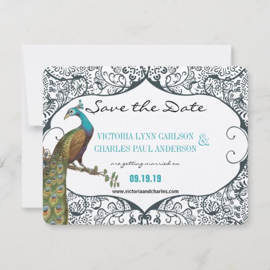 Bird Navy Whimsical Peacock Love Save the Date Einladung (Vorderseite)