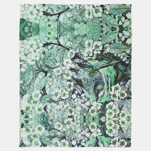BIRD NEST, BAUM, GRÜNE WEISSE BLUMEN FLEECEDECKE (Vorderseite)