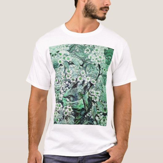 BIRD NEST, BAUM, GRÜNE WEISSE BLUMEN T-Shirt (Vorderseite)