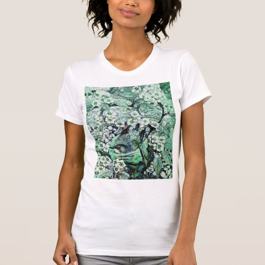 BIRD NEST, BAUM, GRÜNWEISSE FRÜHSTÜCKSBLUMEN T-Shirt (Vorderseite)