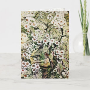 BIRD NEST, BAUM MIT BLUMEN IN WEISSEN BROWNEN FEIERTAGSKARTE