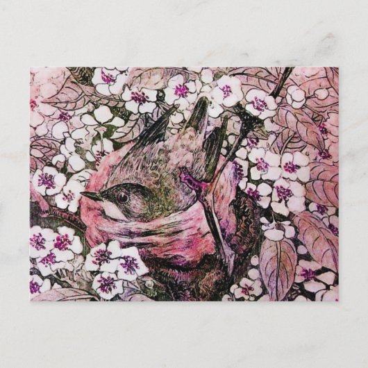 BIRD NEST , BAUM MIT WEISS ROTEN PINKSPRINGBLUMEN POSTKARTE (Vorderseite)