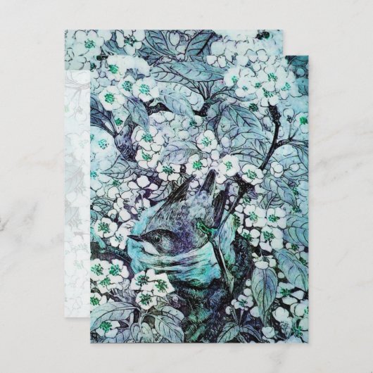 BIRD NEST , BAUM MIT WEISSEN BLUE SPRING BLUMEN ANKÜNDIGUNGSPOSTKARTE (Vorne/Hinten)
