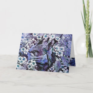 BIRD NEST , BAUM MIT WEISSEN BLUE SPRING BLUMEN FEIERTAGSKARTE