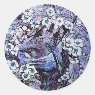 BIRD NEST , BAUM MIT WEISSEN BLUE SPRING BLUMEN RUNDER AUFKLEBER
