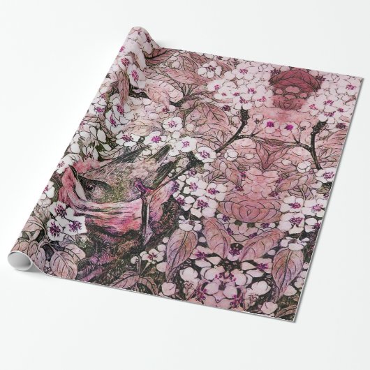 BIRD NEST , BAUM MIT WEISSEN PINKSPRINGBLUMEN GESCHENKPAPIER (Ungerollt)