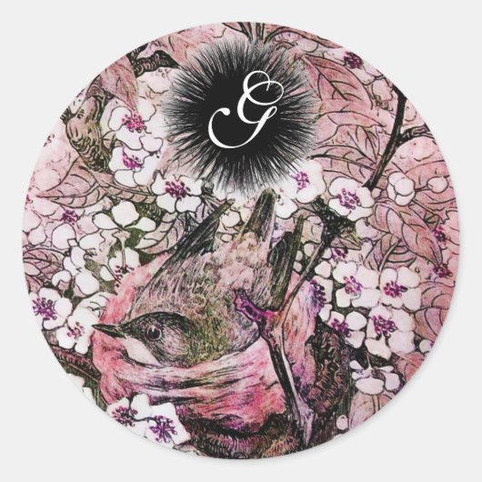 BIRD NEST , BAUM MIT WEISSER PINK BLUME MONOGRAM RUNDER AUFKLEBER (Vorderseite)