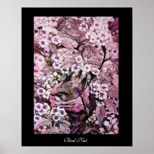 BIRD NEST, BAUPINK WEISS FRÜHSTÜCK BLUMEN schwarz Poster