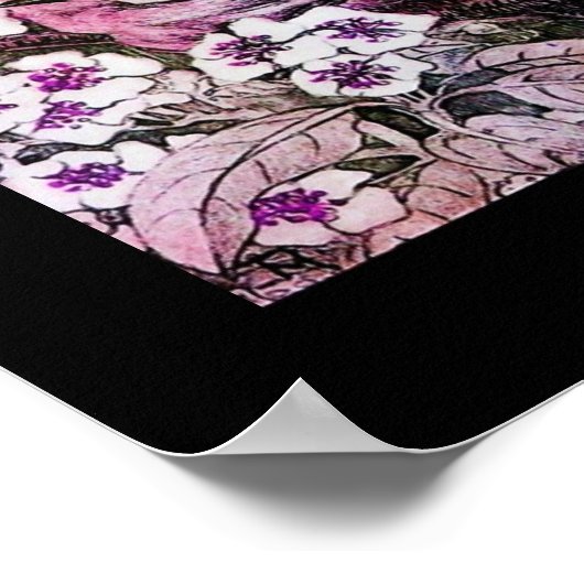 BIRD NEST, BAUPINK WEISS FRÜHSTÜCK BLUMEN schwarz Poster (Ecke)