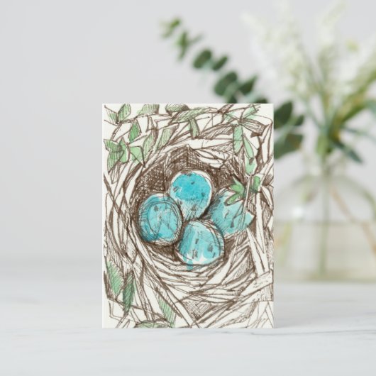 Bird Nest Blue Robin Eggs Spring Ink Zeichnend Postkarte (Stehend Vorderseite)