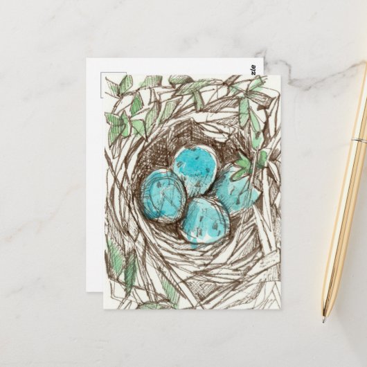 Bird Nest Blue Robin Eggs Spring Ink Zeichnend Postkarte (Vorderseite/Rückseite Beispiel)