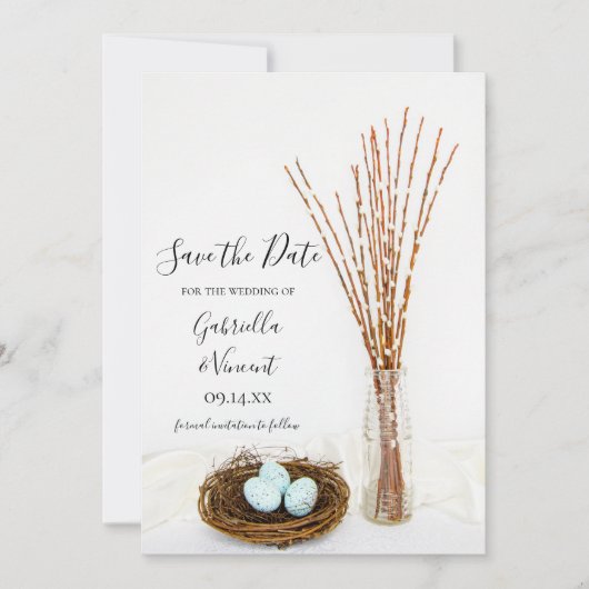 Bird Nest Eggs Pussy Willows Wedding Save the Date (Vorderseite)