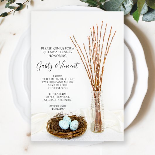 Bird Nest Eggs und Pussy Willows Probe Dinner Einladung