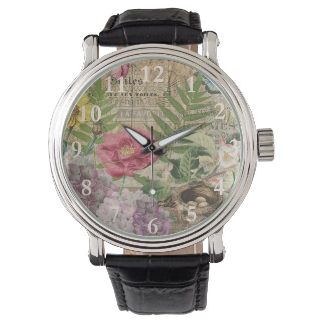Bird Nest Floral Garden Blume Butterfly Art Armbanduhr (Vorderseite)