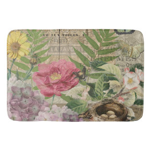 Bird Nest Floral Garden Blume Butterfly Art Badematte