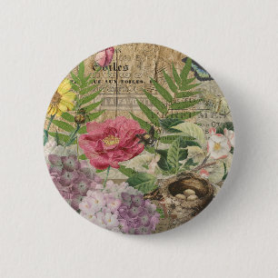 Bird Nest Floral Garden Blume Butterfly Art Button