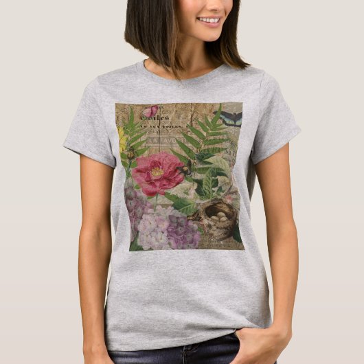 Bird Nest Floral Garden Blume Butterfly Art T-Shirt (Vorderseite)