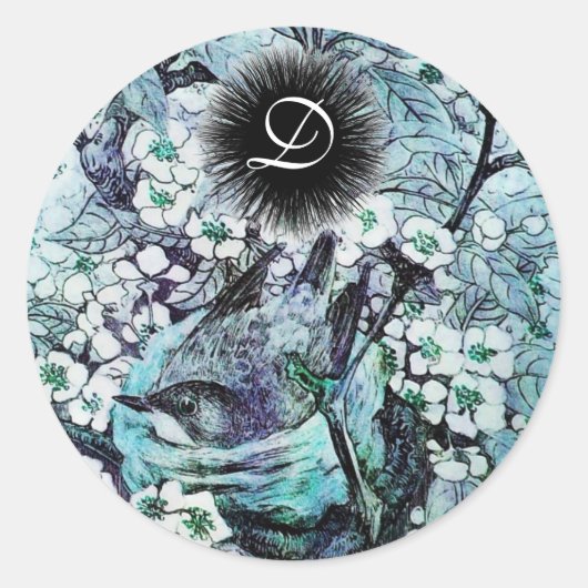 BIRD NEST Monogramm, weiß blau Runder Aufkleber (Vorderseite)
