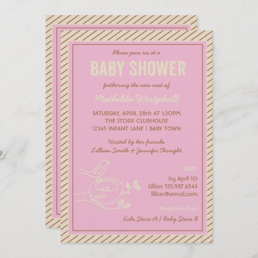 Bird Nest Pink Baby Dusche Einladung (Vorne/Hinten)