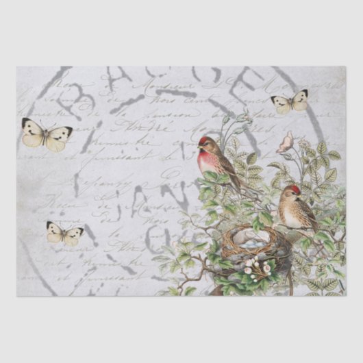 Bird Nest Postmark Butterfly Französisches Drehbuc Seidenpapier (Vorderseite)