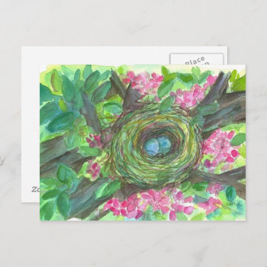 Bird Nest Robin Eggs Pink Blume Tree Postkarte (Vorne/Hinten)