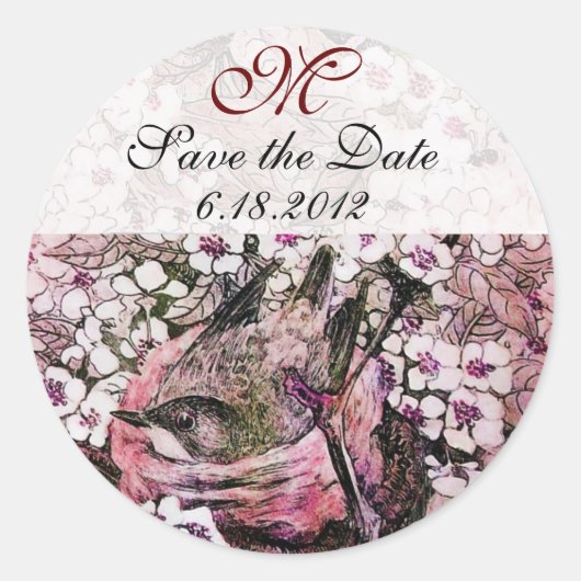 BIRD NEST Save the Date Monogramm, Weißrosa rot Runder Aufkleber (Vorderseite)