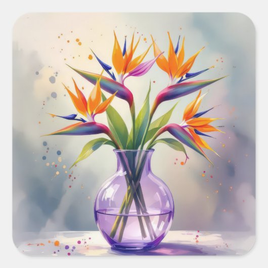 Bird of Paradise Blume Bouquet im Wasser Quadratischer Aufkleber (Vorderseite)