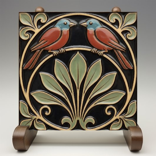 Bird on Flowers Art Deco Nouveau Faux Relief Fliese