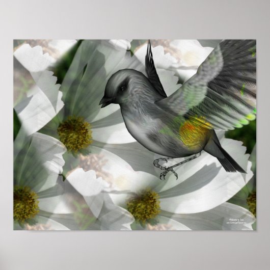 Bird on White Cosmos Fantasy Art Poster (Vorne)