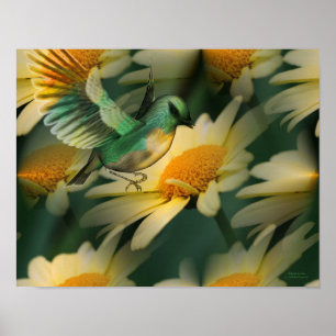 Bird on Yellow Daisis Fantasy Art Poster