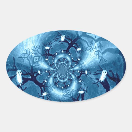 Bird Pattern Blue Tree Owls Ovaler Aufkleber (Vorderseite)