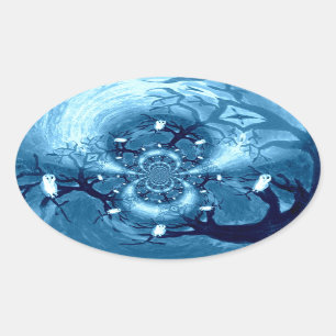 Bird Pattern Blue Tree Owls Ovaler Aufkleber