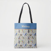 Bird Pattern Kingfisher, Blue Jay, Woodpecker Name Tasche (Vorderseite)